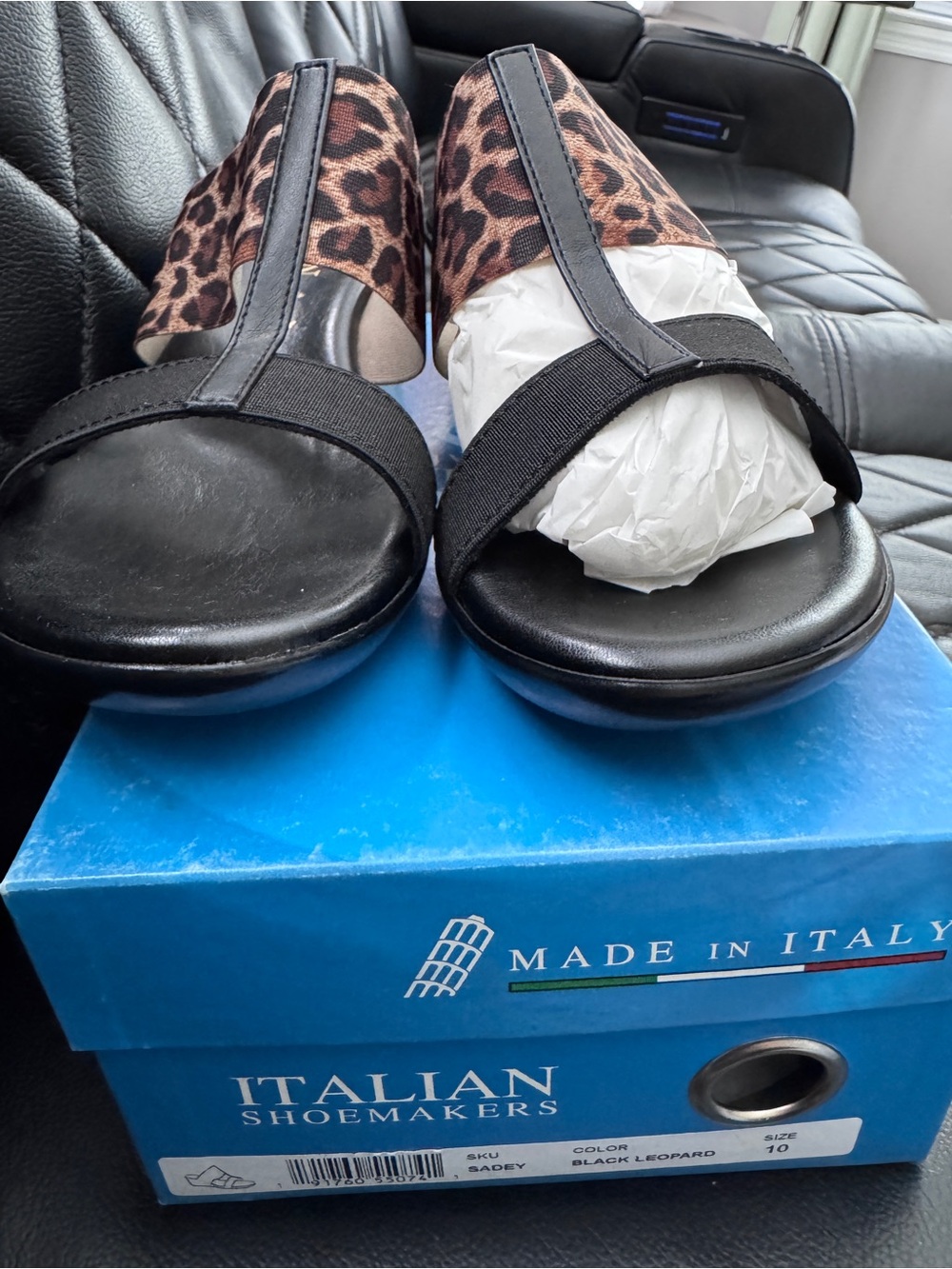 Italian Shoemakers Black and Leopard Print T-Strap Wedge Sandals